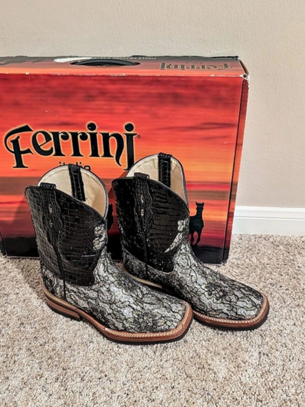 Ferrini Silver and Black Lace Floral Leather Cowgirl Boots Floral Western Ankle